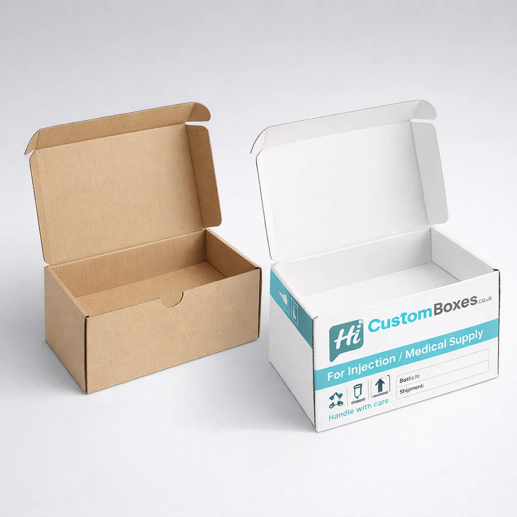 Bespoke mailer-style injection boxes in kraft and white finishes for secure medical supply shipping. class=